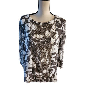 Weekends by Chico's Taupe & Cream Tropical Floral Print Sweater Top Sz 2 or L